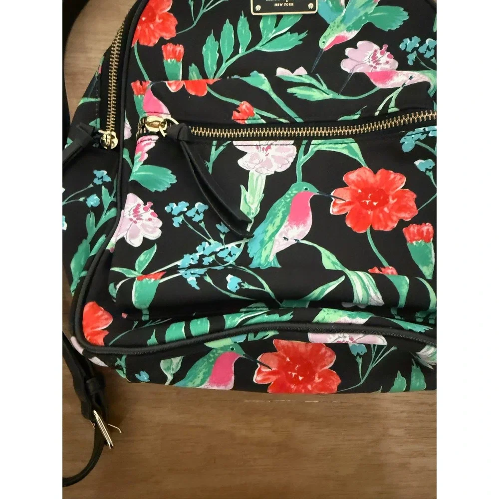 Kate Spade Chelsea Hummingbird Floral Black Nylon Backpack Bag